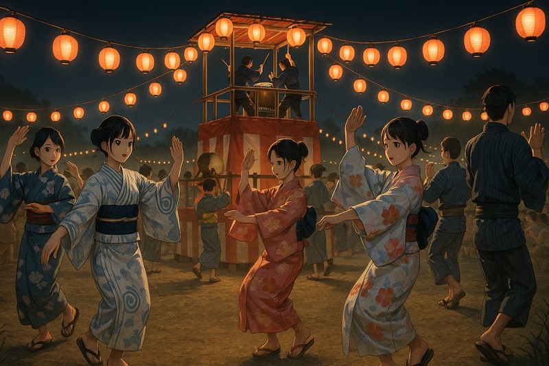 盆踊り、やぐらを囲む浴衣の踊り手たちのプロンプト|AI作例