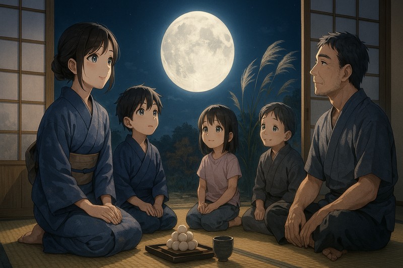 お月見・十五夜、縁側と月を描く秋のプロンプト|AI作例