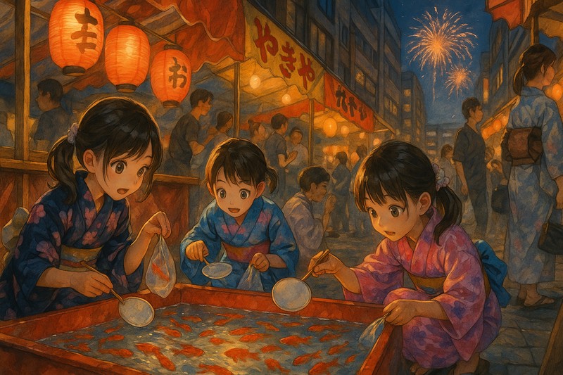夏祭り、屋台と浴衣のプロンプト|AI作例