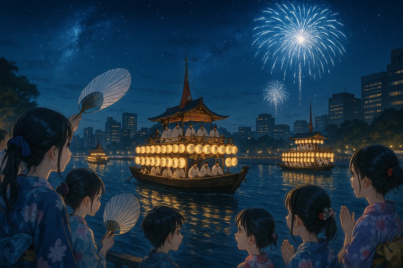 天神祭(大阪)の川渡御と花火のプロンプト|AI作例
