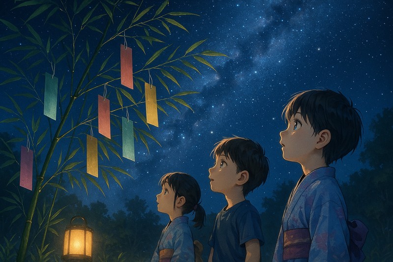 七夕のプロンプト|短冊と天の川のAIイラスト作例