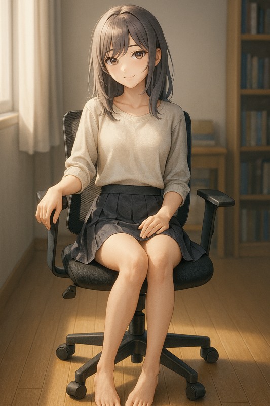 回転式デスクチェアに座る美少女|AIプロンプト紹介