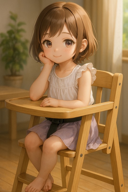 ハイチェア(子ども用)に座る女の子|AIプロンプト紹介