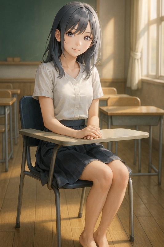 机付きチェア(講義椅子)に座る美少女|AIプロンプト紹介