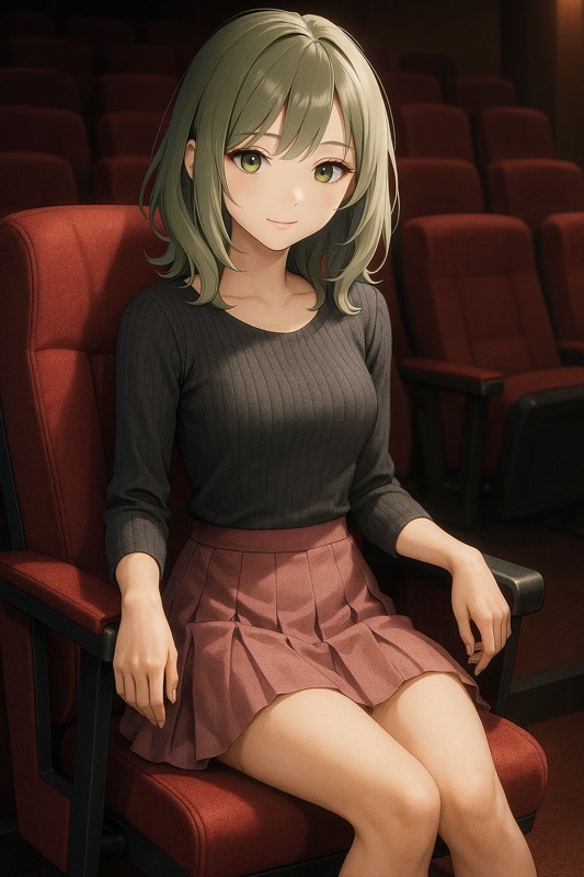 映画館の椅子(シアターチェア)に座る美少女|AIプロンプト紹介
