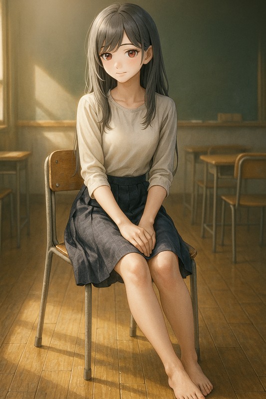 学校の木製椅子(スチール脚)に座る美少女|AIプロンプト紹介