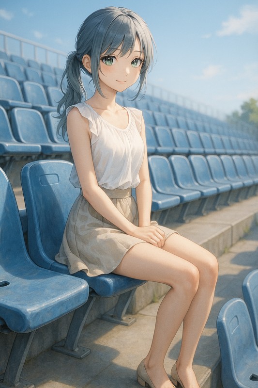 観覧席の椅子(スタジアムシート)に座る美少女|AIプロンプト紹介