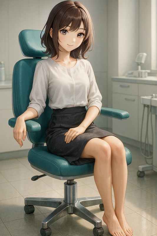 診察台チェア(処置用チェア)に座る美少女|AIプロンプト紹介
