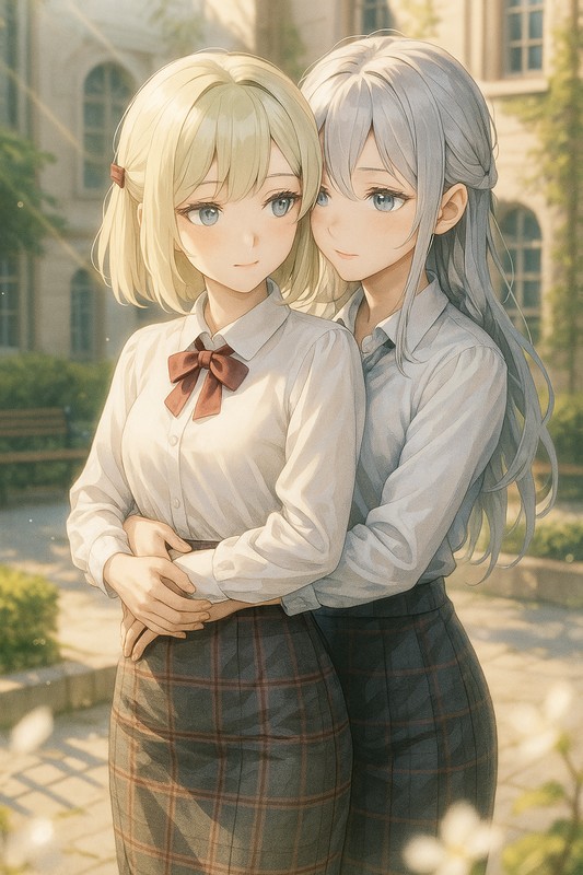 美少女同士が腰で抱きしめるAIイラスト作例|プロンプト紹介