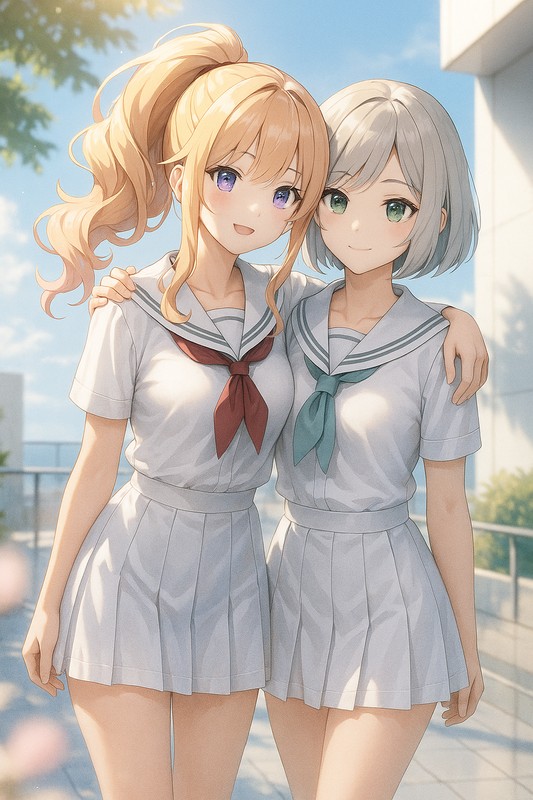 女の子同士が横から肩を抱くAIイラスト作例|プロンプト紹介