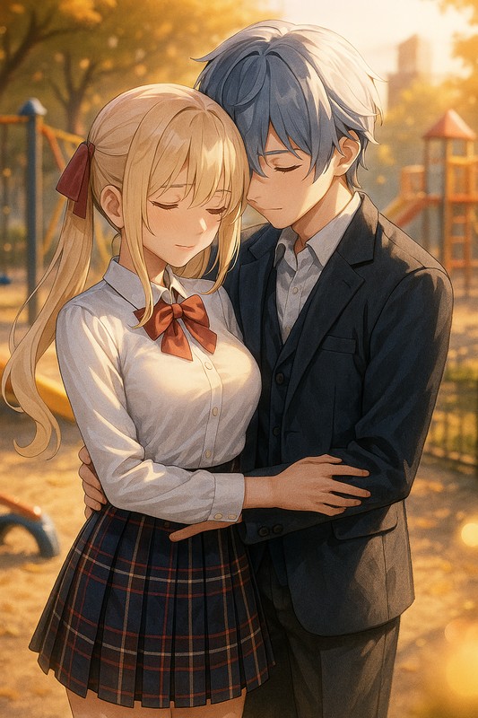 恋人同士が額を寄せて抱き合うAIイラスト作例|プロンプト紹介