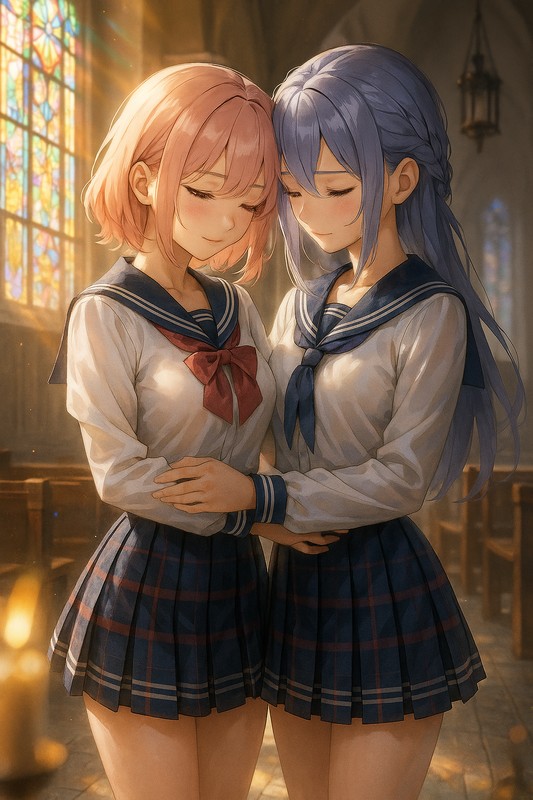 女の子同士が額を寄せて抱き合うAIイラスト作例|プロンプト紹介