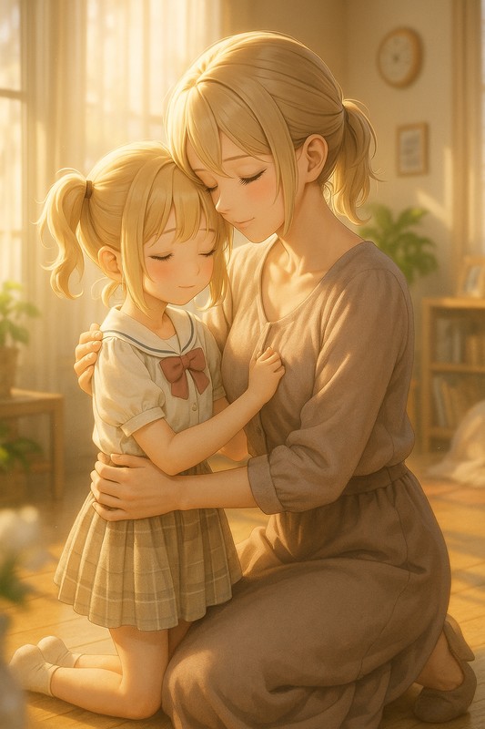 お母さんが子供に額を寄せて抱き合うAIイラスト作例|プロンプト紹介