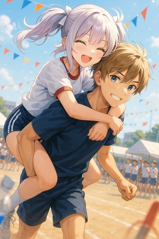 女の子が男の子におんぶしてもらうAIイラスト作例|プロンプト紹介