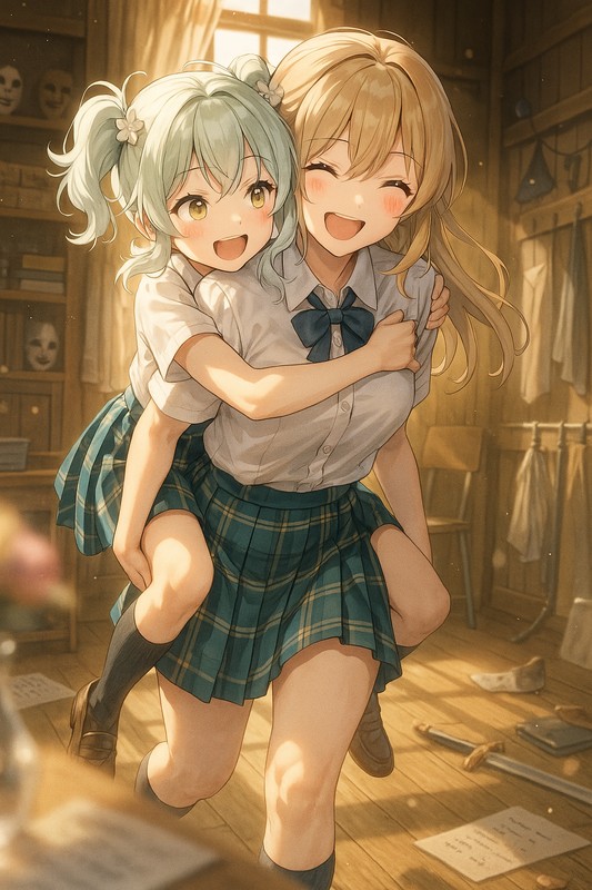 女の子同士でおんぶしてじゃれ合うAIイラスト作例|プロンプト紹介