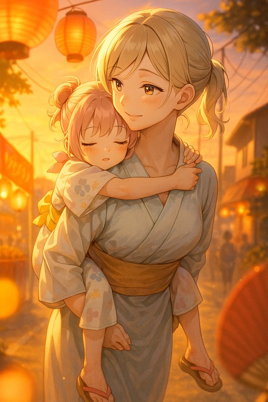 お母さんが子供をおんぶするAIイラスト作例|プロンプト紹介