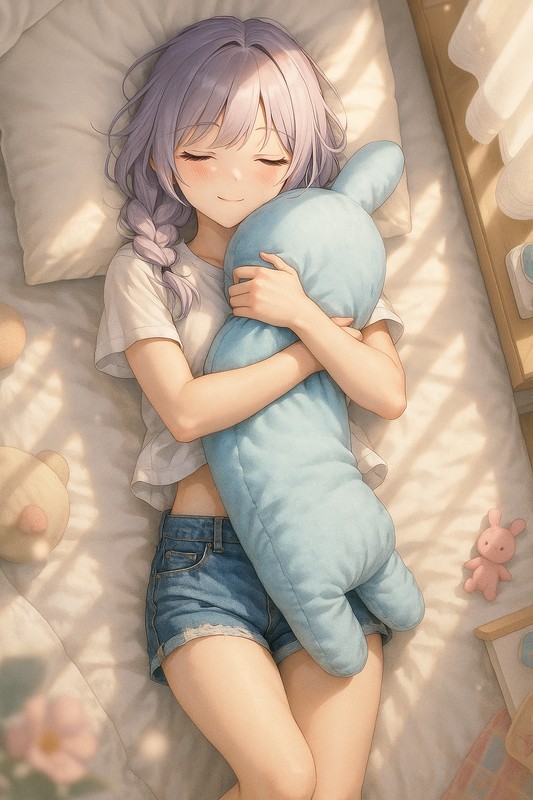 美少女が抱き枕を抱いて寝るAIイラスト|プロンプト紹介