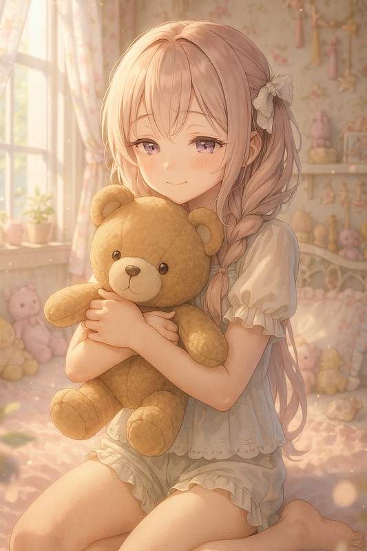 女の子がくまのぬいぐるみを抱き抱えるAIイラスト|プロンプト紹介