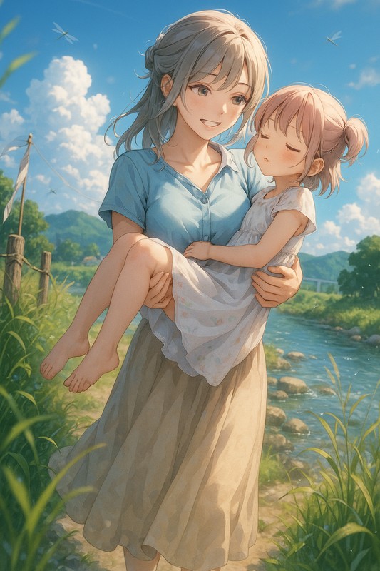 お母さんが子供をお姫様抱っこするAIイラスト|プロンプト紹介