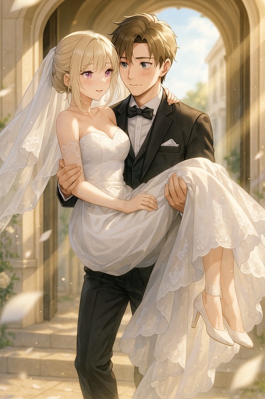 花嫁がお姫様抱っこされるAIイラスト|プロンプト紹介