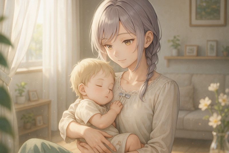 お母さんが赤ちゃんを抱き抱えるAIイラスト|プロンプト紹介