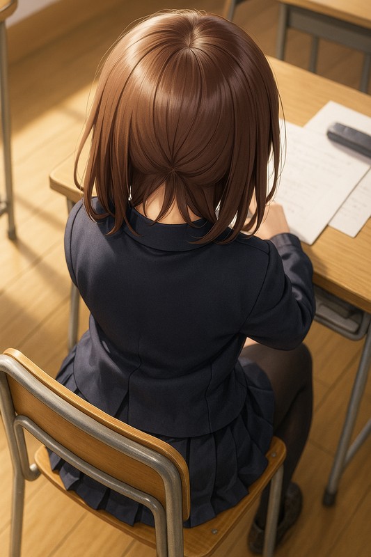 頭頂部のAIイラスト作例、授業中の女の子