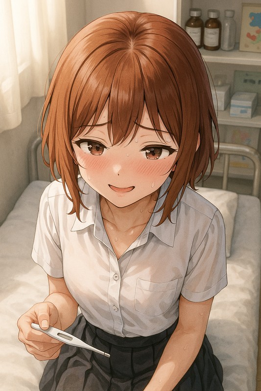 頭頂部のAIイラスト作例、保健室で体温を測る美少女