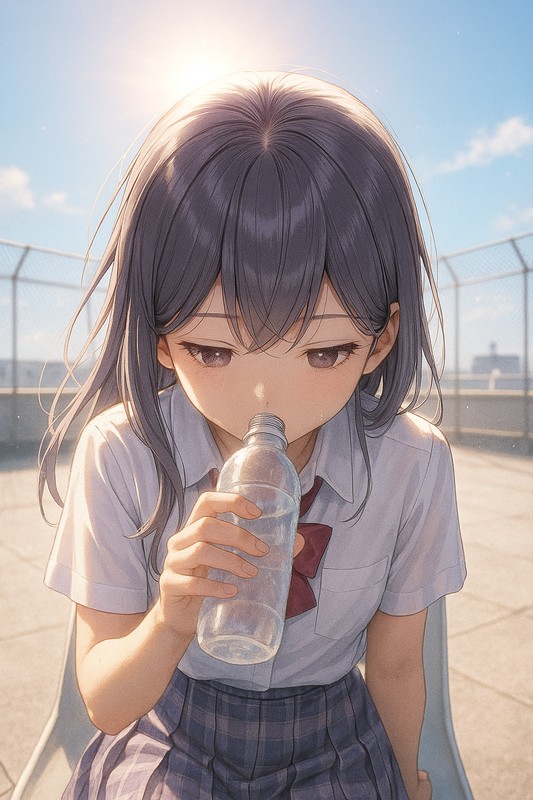 頭頂部のAIイラスト作例、屋上で水を飲む美少女