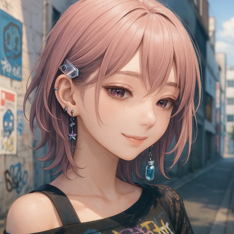 ピアスを付けたサブカル系女子のイラスト|AI画像作例