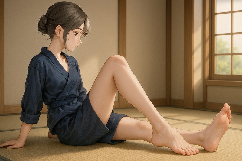 和室でリラックスして足を伸ばす美少女|足の裏のAI画像作例