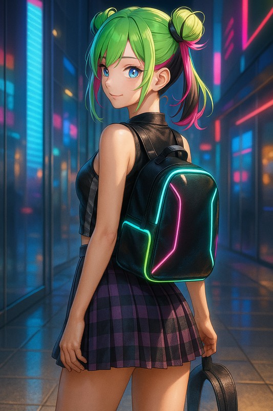 ネオンサイバーリュックの美少女のプロンプト紹介|AIイラスト