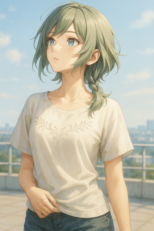 遠くを見つめる(画面外)視線の美少女のAIイラストの作例-2