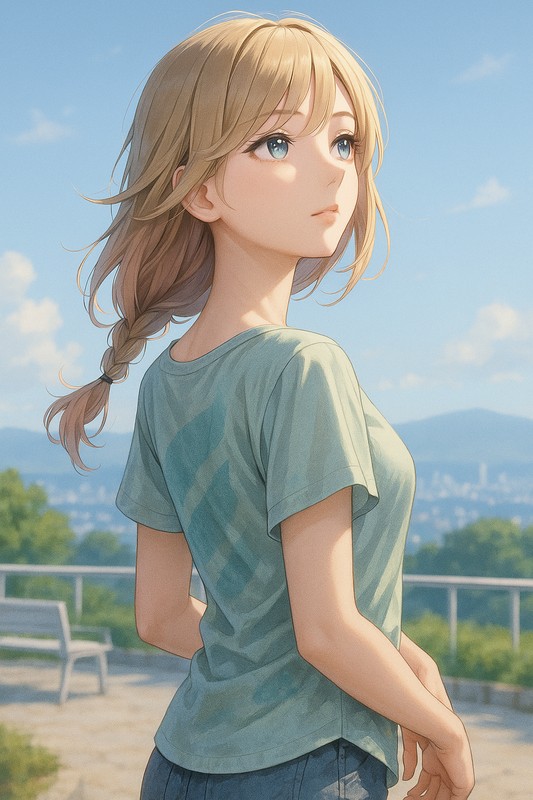 遠くを見つめる(画面外)視線の美少女のAIイラストの作例-1