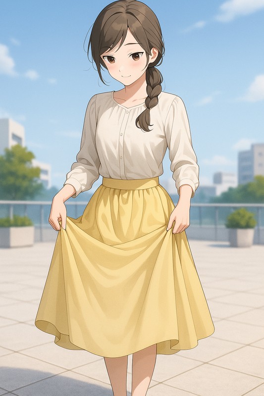 スカートの裾をつまみ、かごのように広げる動作|AI画像