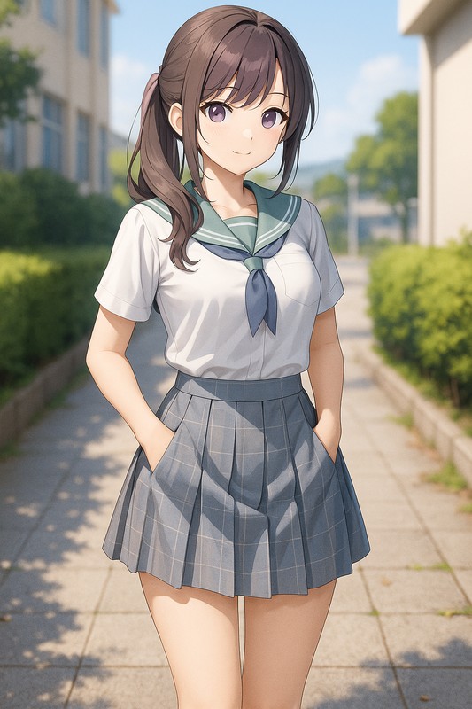 両手をポケットに入れていることで、スカートの裾がわずかに引っ張られている様子|AI画像