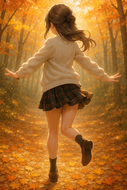 紅葉の公園でスキップする美少女の後ろ姿|AI画像作例