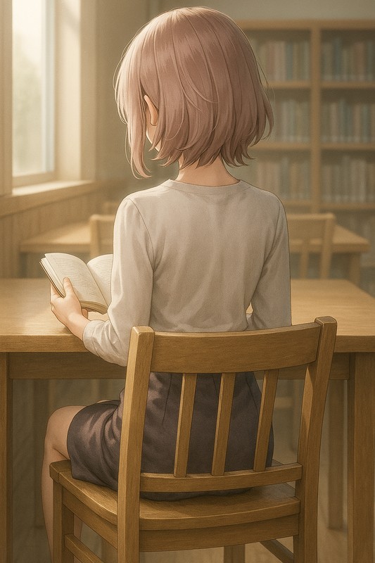 図書館で本を読む美少女の後ろ姿|AI画像作例
