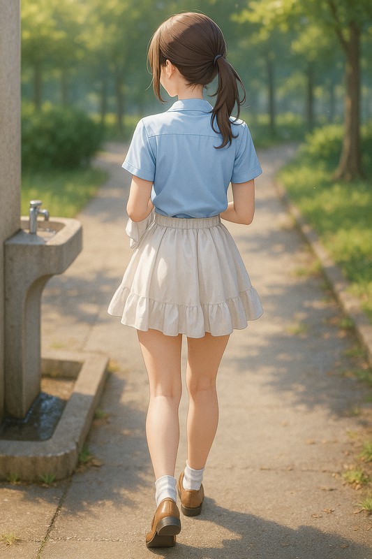 水飲み場の近くを歩く美少女の後ろ姿|AI画像作例