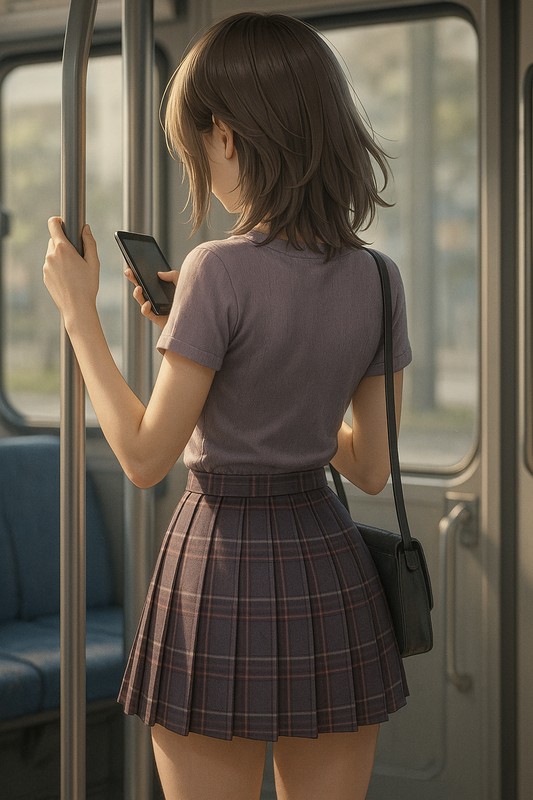 電車でスマホを操作する美少女の後ろ姿|AI画像作例
