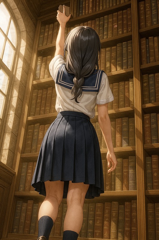本棚に手を伸ばす美少女の後ろ姿-2|AIプロンプト解説