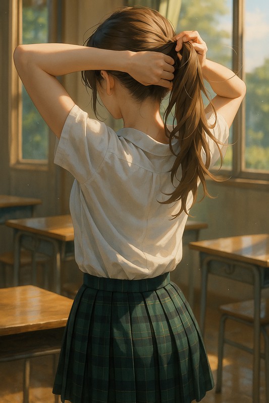 髪を結ぶ美少女の後ろ姿-2|AIプロンプト解説