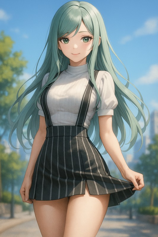 ストライプジャンパースカートの美少女イラスト|AI画像