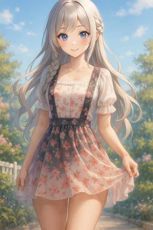 花柄ジャンパースカートの美少女イラスト|AI画像