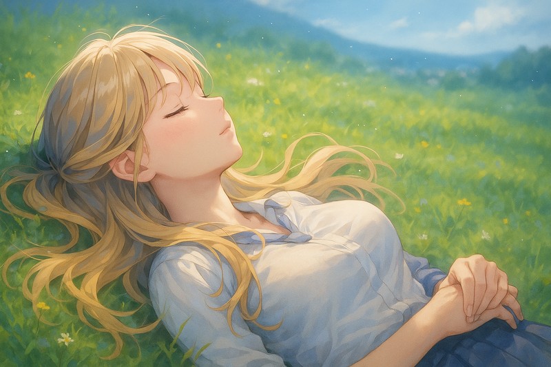 目を閉じて静かに横たわる美少女のAIイラスト作例|視線と雰囲気の比較
