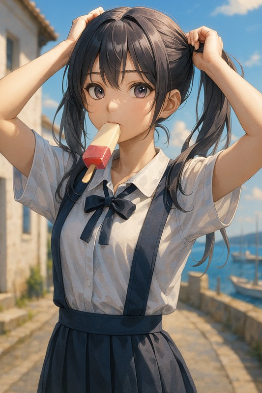二層アイスバーを食べる美少女|AIプロンプト紹介