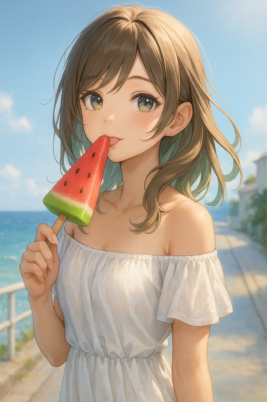 スイカバー風を食べる美少女|AIプロンプト紹介