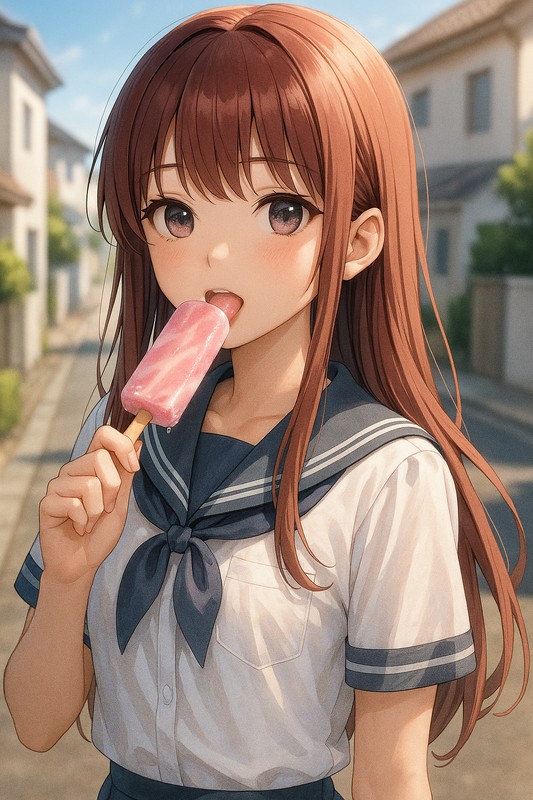 イチゴミルクバーを舐めて食べる美少女|AIプロンプト紹介