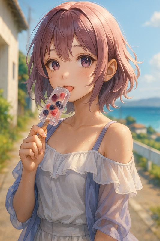 つぶつぶ果実バーを舐めて食べる美少女|AIプロンプト紹介