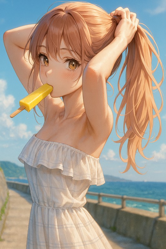 アイスキャンディーを咥えて食べる胃美少女|AIプロンプト紹介