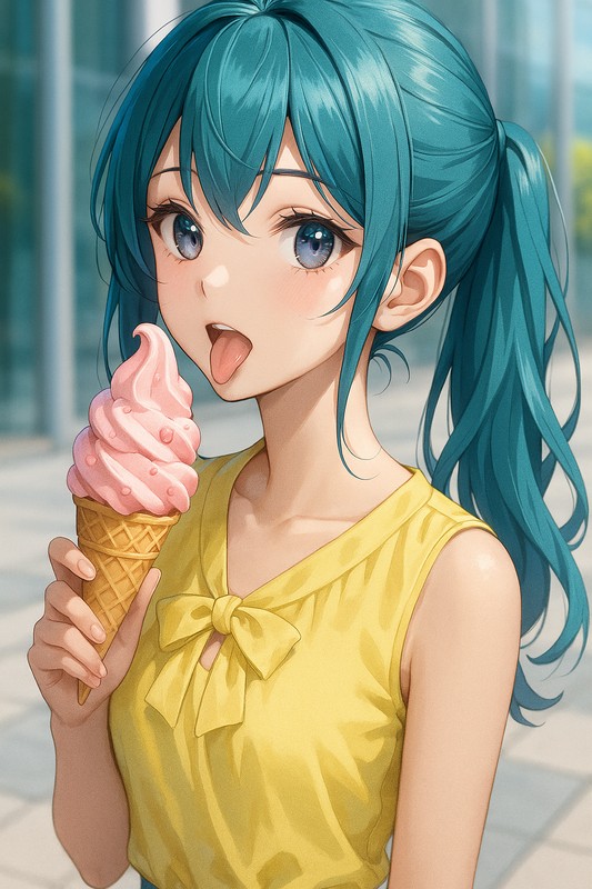 イチゴソフトアイスを舐めて食べる美少女|AIプロンプト紹介